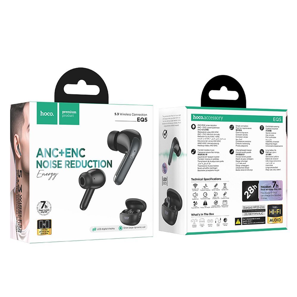 Handsfree Bluetooth HOCO EQ5, TWS, ANC, Crni