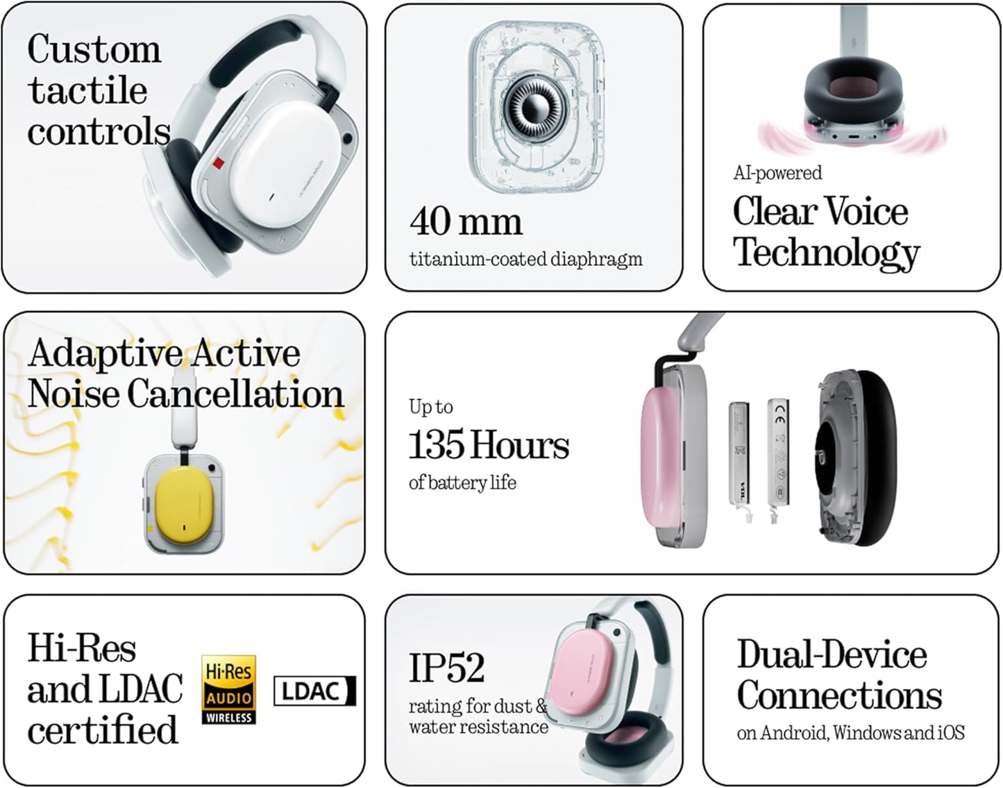 Handsfree Bluetooth Nothing Headphone (a), MultiPoint, A2DP, ANC, Crna