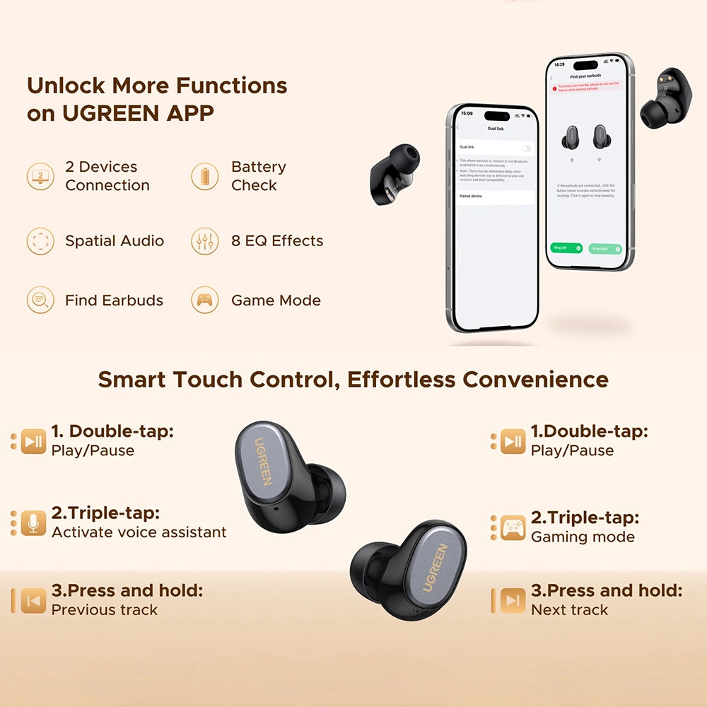 Handsfree Bluetooth UGREEN Dots (75628), TWS, MultiPoint, Crna