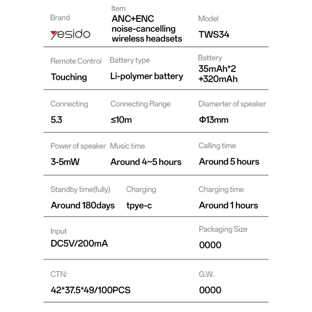 Handsfree Bluetooth Yesido TWS34, TWS, ANC, Beli