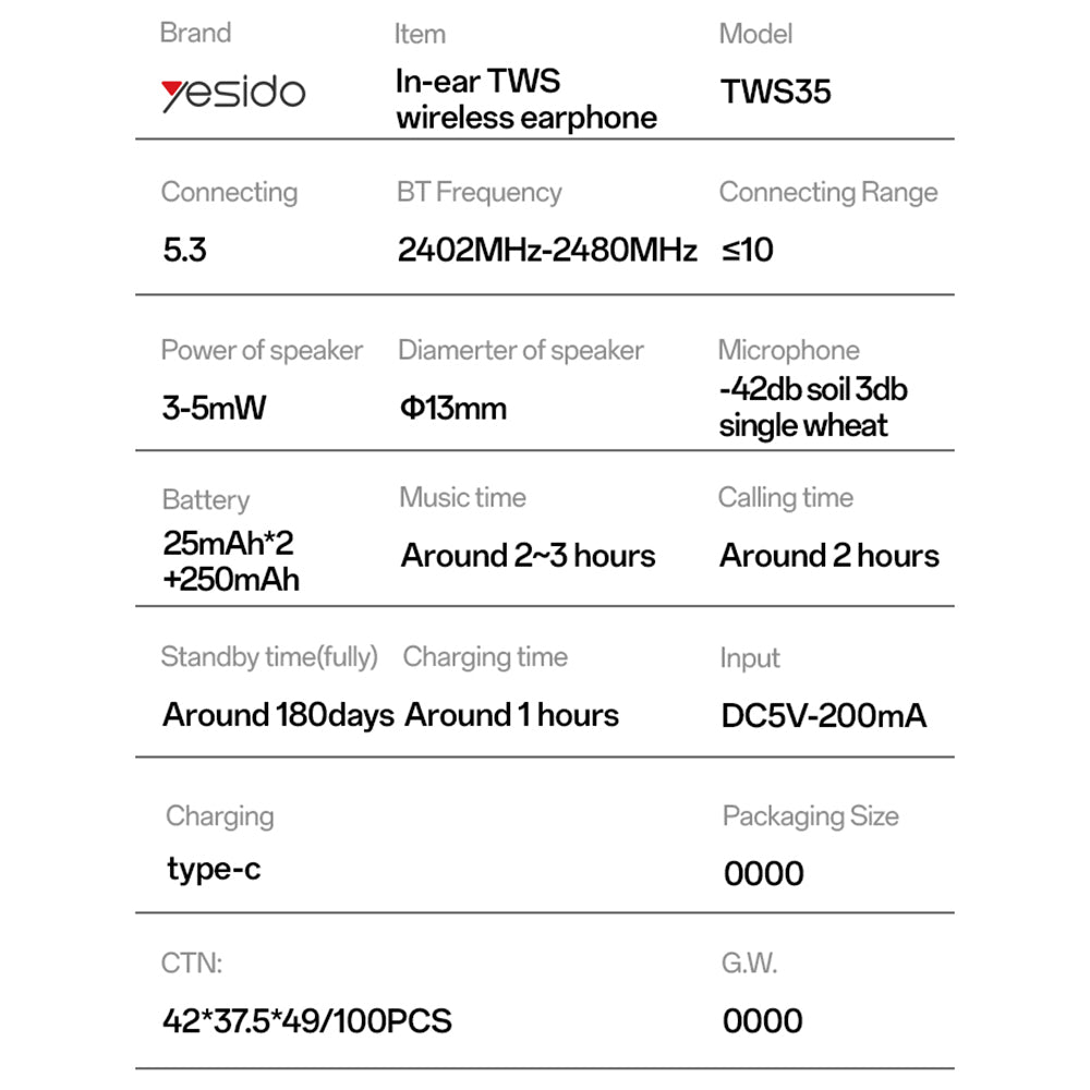 Handsfree Bluetooth Yesido TWS35, TWS, Beli