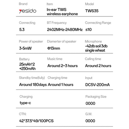 Handsfree Bluetooth Yesido TWS35, TWS, Beli