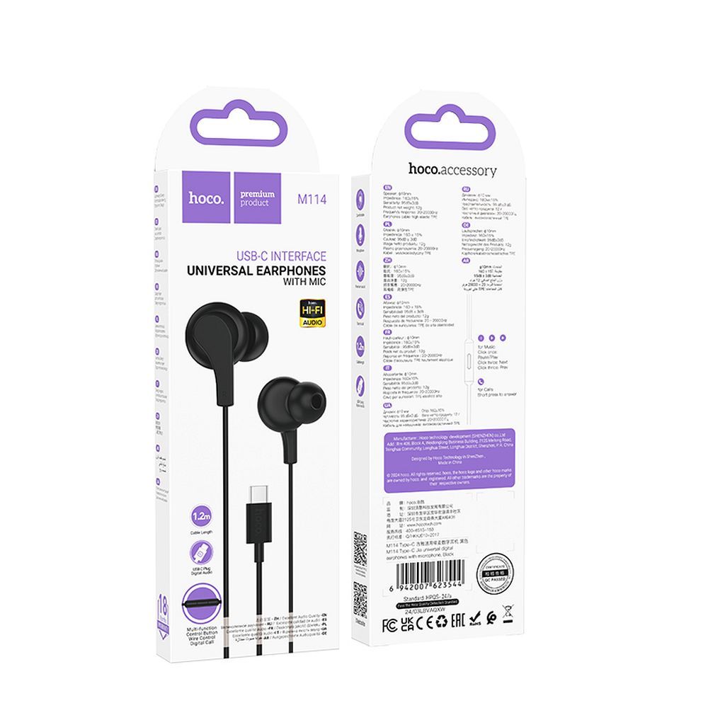 Handsfree USB-C HOCO M114, Black 