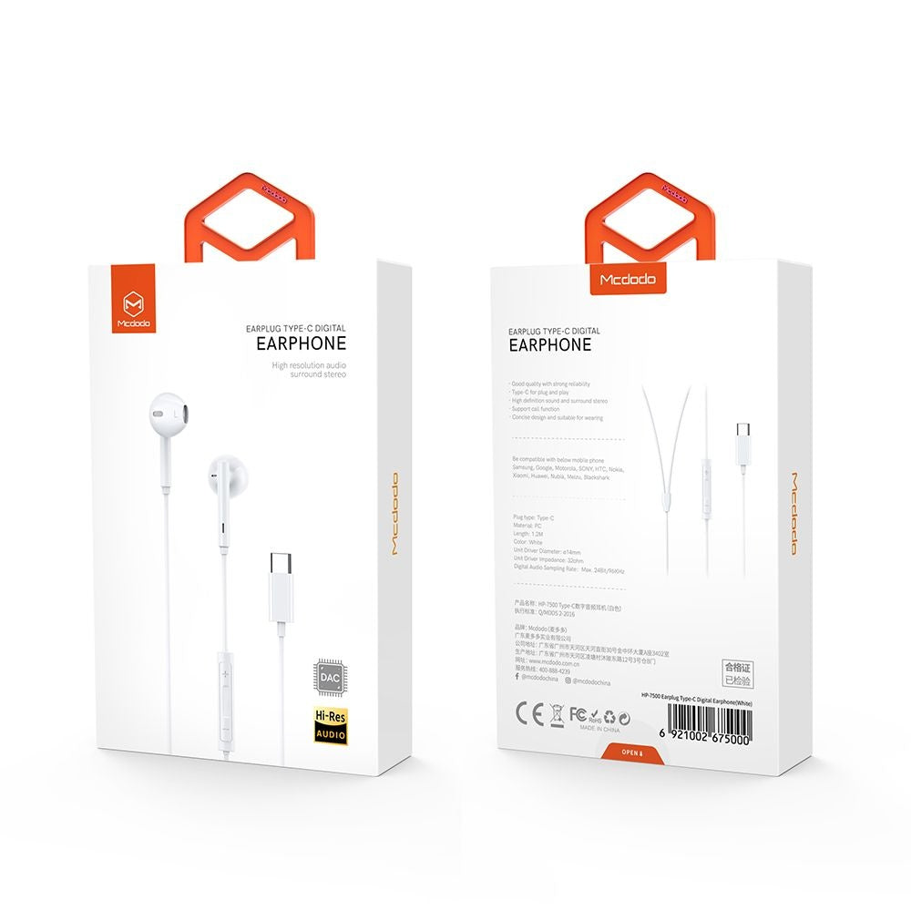 Handsfree USB-C McDodo HP-7500, 1.2m, Beli