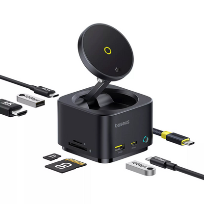 Multifunkcionalni Hub Baseus MagPro II 7u1, 1 x USB-A - 2 x USB-C - 1 x HDMI - 1 x QI - 1 x SD - 1 x microSD, Crni Obnovljen B00072900121-00