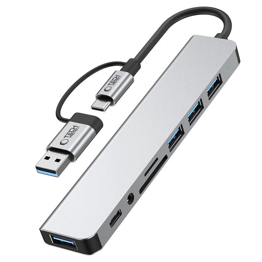 Hub USB / USB-C Tech-Protect HB06, 2 x USB-A 3.0 - 2 x USB-A - 1 x USB-C - 1 x Džek 3.5mm - 1 x SD - 1 x microSD, Sivi