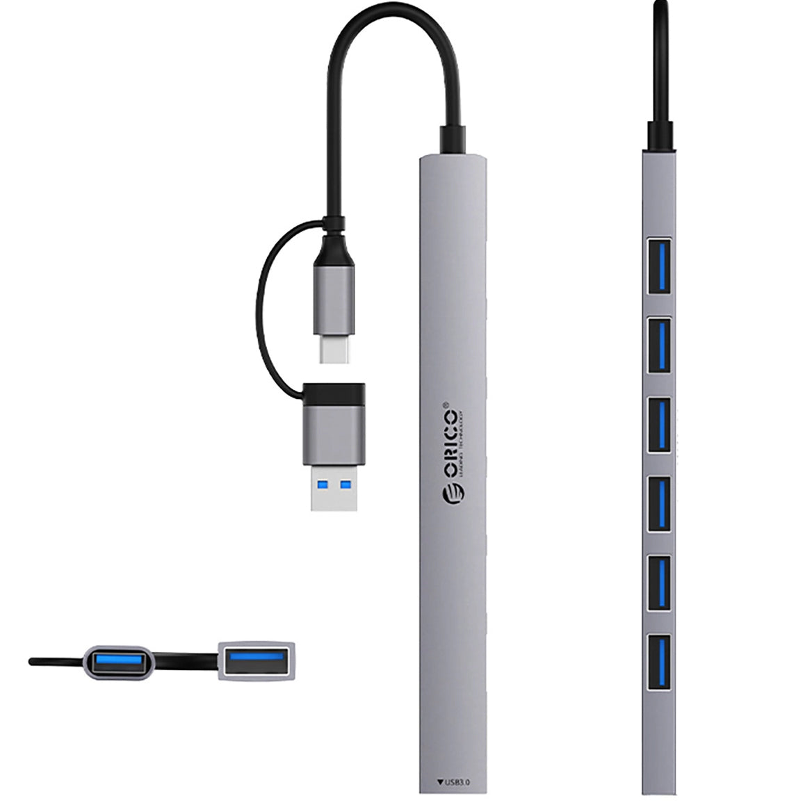 Hub USB / USB-C Orico YSA2-U3, 1 x USB-A 3.0 - 6 x USB-A, Sivi