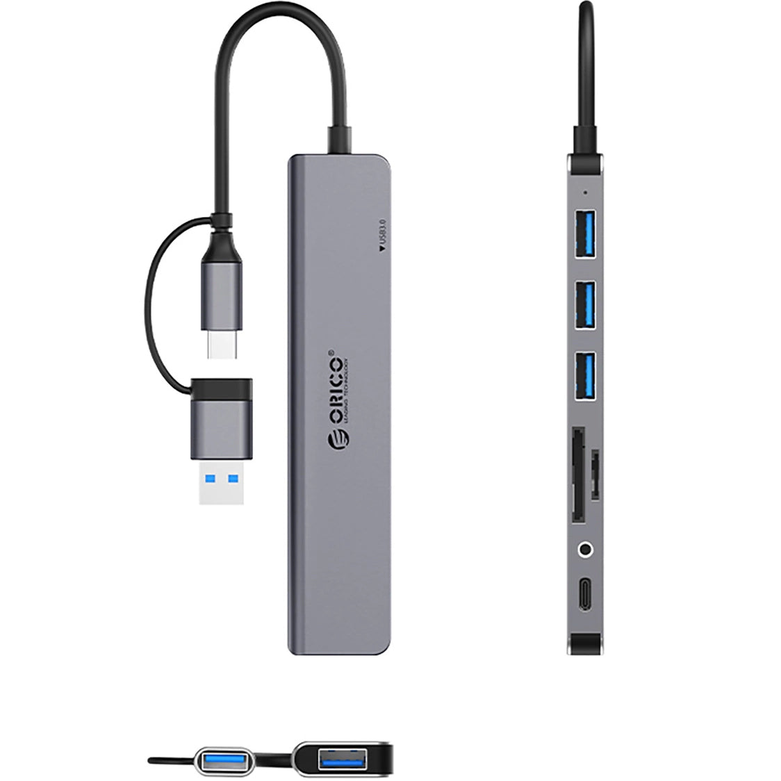 Hub USB / USB-C Orico YSA8-U3, 1 x USB-A 3.0 - 3 x USB-A - 1 x USB-C - 1 x Jack 3.5mm - 1 x SD - 1 x microSD, Crn