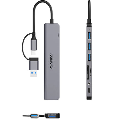 Hub USB / USB-C Orico YSA8-U3, 1 x USB-A 3.0 - 3 x USB-A - 1 x USB-C - 1 x Jack 3.5mm - 1 x SD - 1 x microSD, Crn