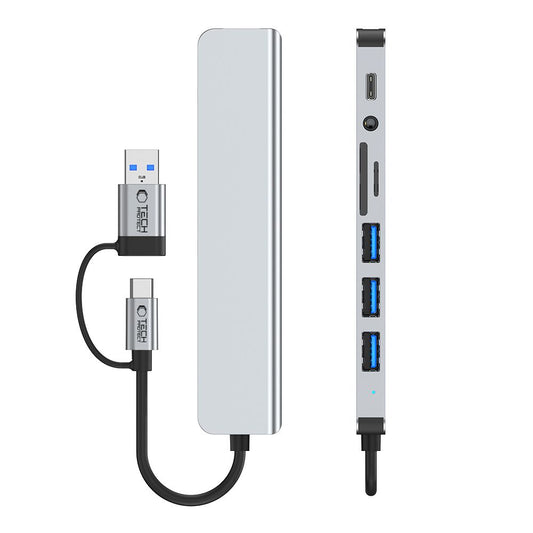 Hub USB / USB-C Tech-Protect HB06, 2 x USB-A 3.0 - 2 x USB-A - 1 x USB-C - 1 x Džek 3.5mm - 1 x SD - 1 x microSD, Sivi
