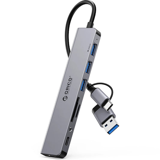 Hub USB / USB-C Orico YSA8-U3, 1 x USB-A 3.0 - 3 x USB-A - 1 x USB-C - 1 x Jack 3.5mm - 1 x SD - 1 x microSD, Crn
