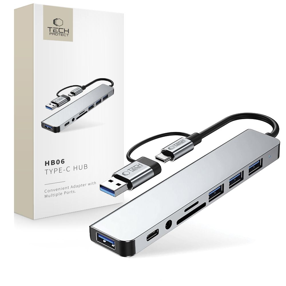 Hub USB / USB-C Tech-Protect HB06, 2 x USB-A 3.0 - 2 x USB-A - 1 x USB-C - 1 x Džek 3.5mm - 1 x SD - 1 x microSD, Sivi