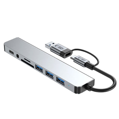 Hub USB / USB-C Tech-Protect HB06, 2 x USB-A 3.0 - 2 x USB-A - 1 x USB-C - 1 x Džek 3.5mm - 1 x SD - 1 x microSD, Sivi