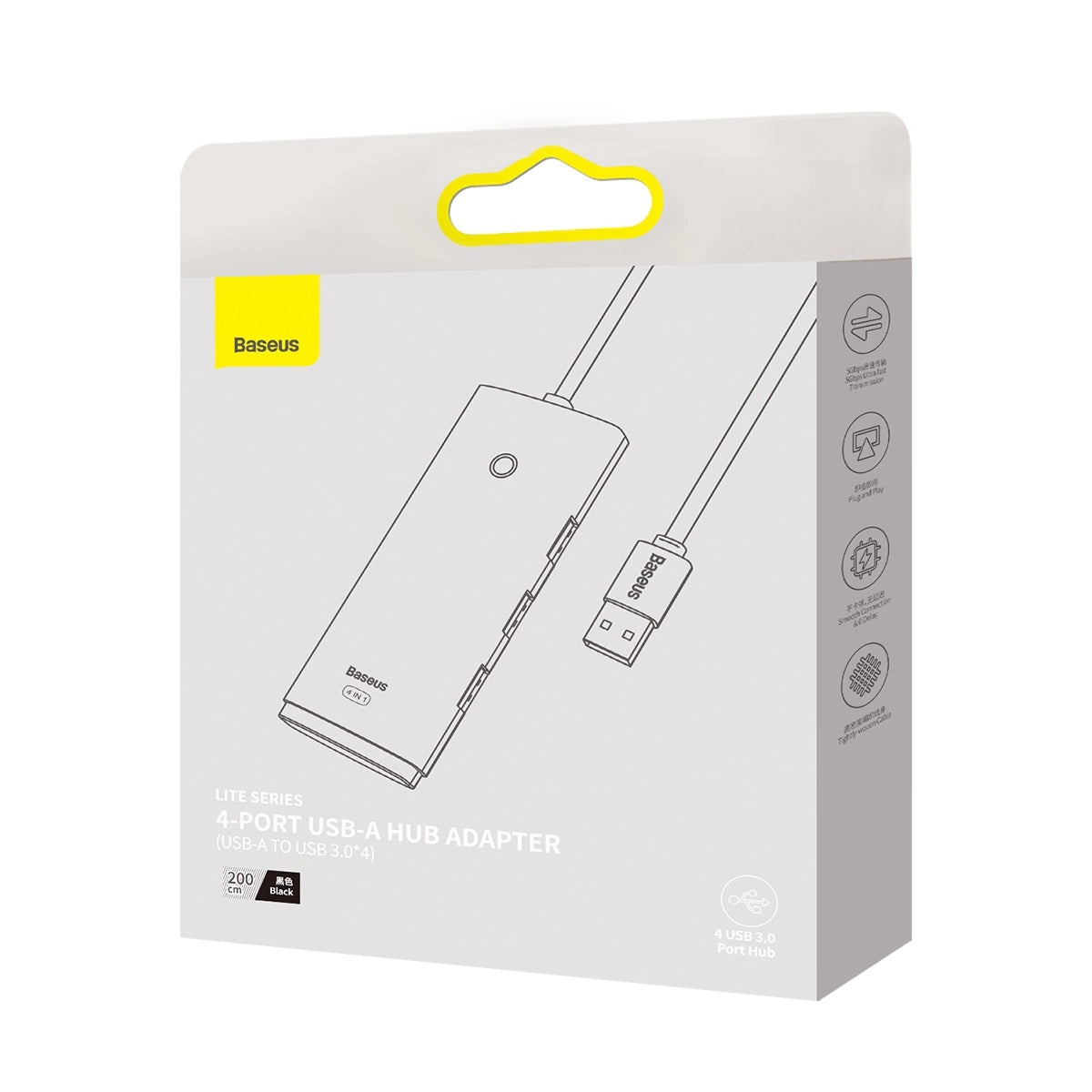 USB Hub Baseus Lite, 4 x USB-A 3.0 - 1 x USB-C, 2m, Crni WKQX030201
