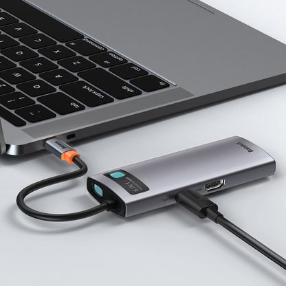Hub USB-C Baseus Metal Gleam, 3 x USB-A 3.0 - 1 x USB-C - 1 x HDMI - 1 x RJ45, Siva CAHUB-CW0G