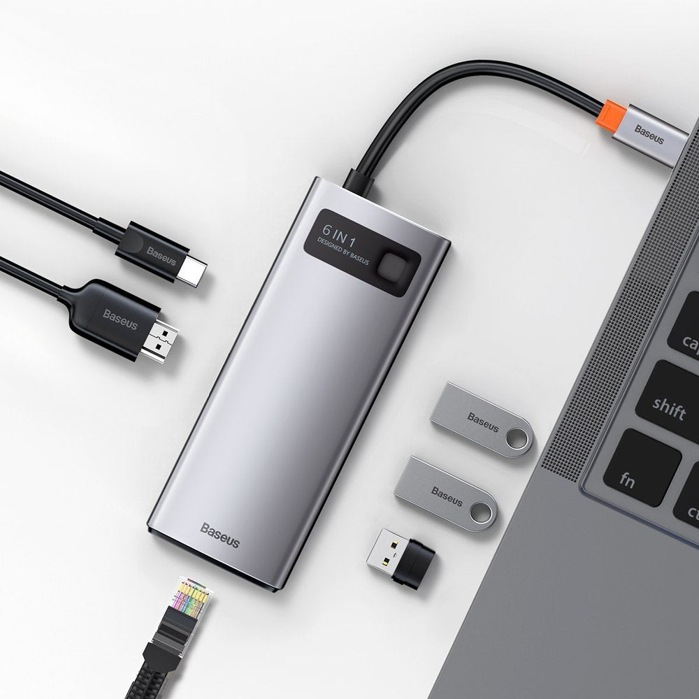 Hub USB-C Baseus Metal Gleam, 3 x USB-A 3.0 - 1 x USB-C - 1 x HDMI - 1 x RJ45, Siva CAHUB-CW0G