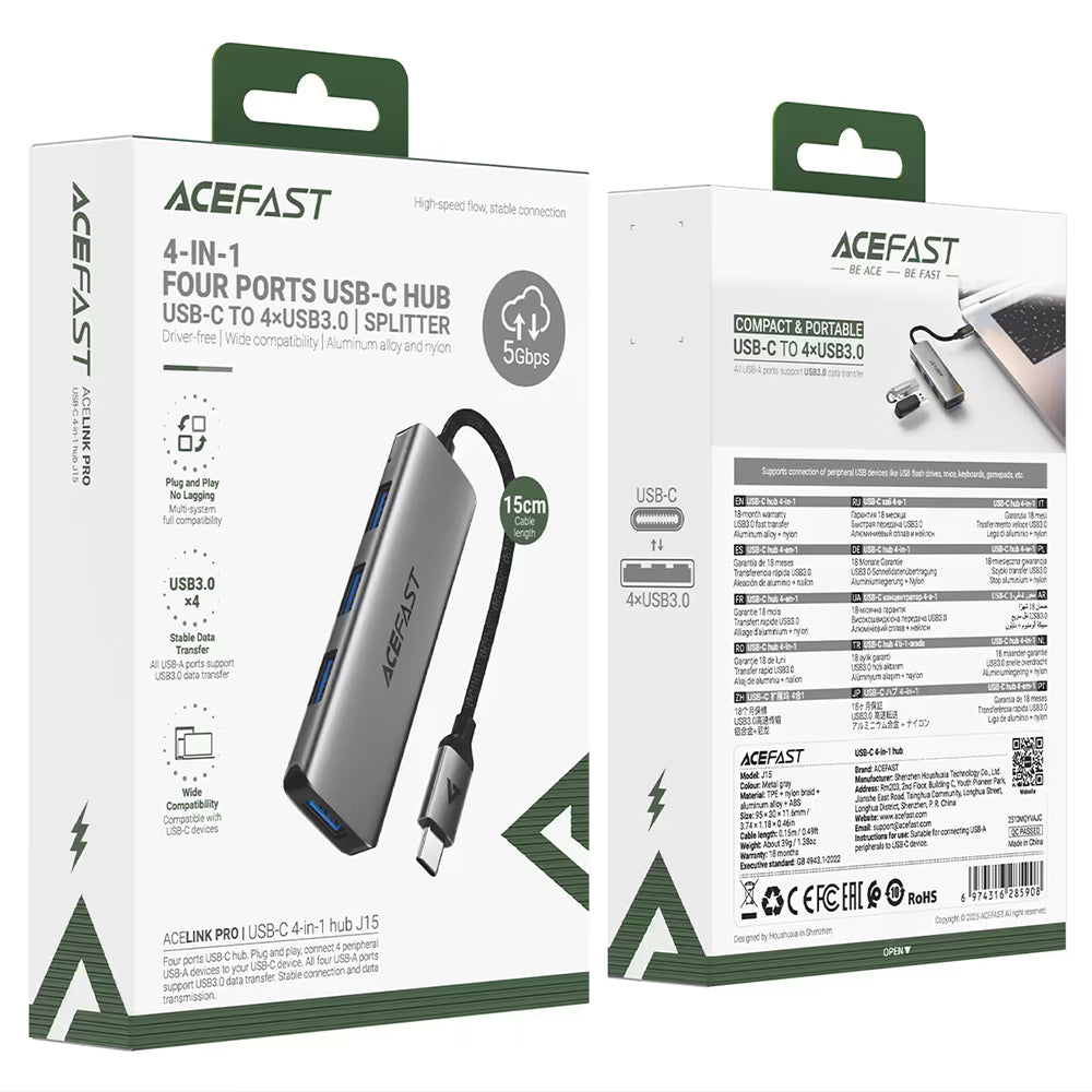Hub USB-C Acefast J15, 4u1, Sivi