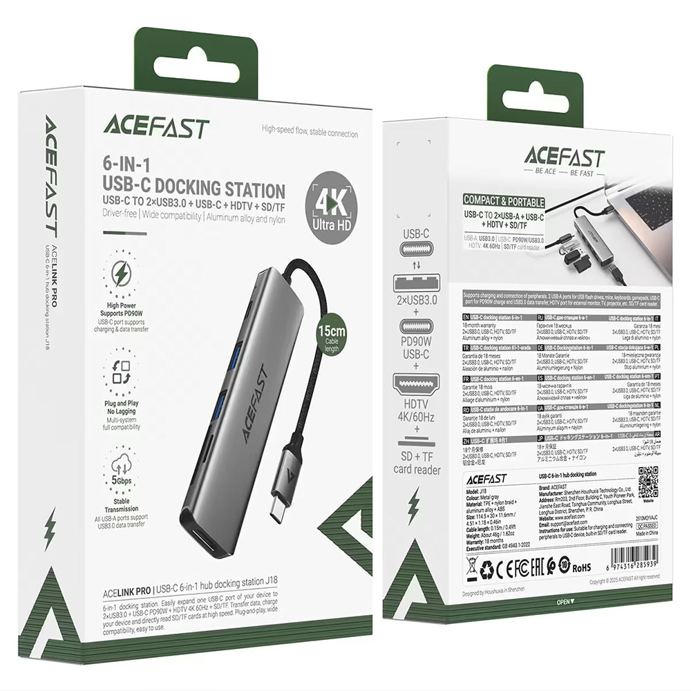 Hub USB-C Acefast J18, 6u1, Sivi