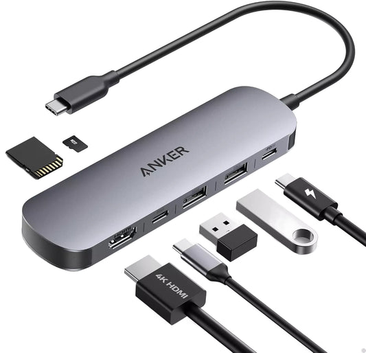 Hub USB-C Anker, 2 x USB-A 3.0 - 2 x USB-C - 1 x HDMI - 1 x SD - 1 x microSD, Sivi A83D2HA1
