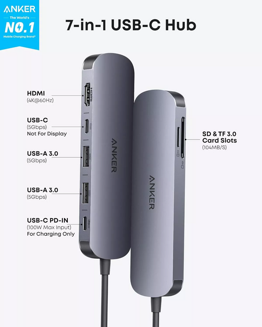Hub USB-C Anker, 2 x USB-A 3.0 - 2 x USB-C - 1 x HDMI - 1 x SD - 1 x microSD, Sivi A83D2HA1