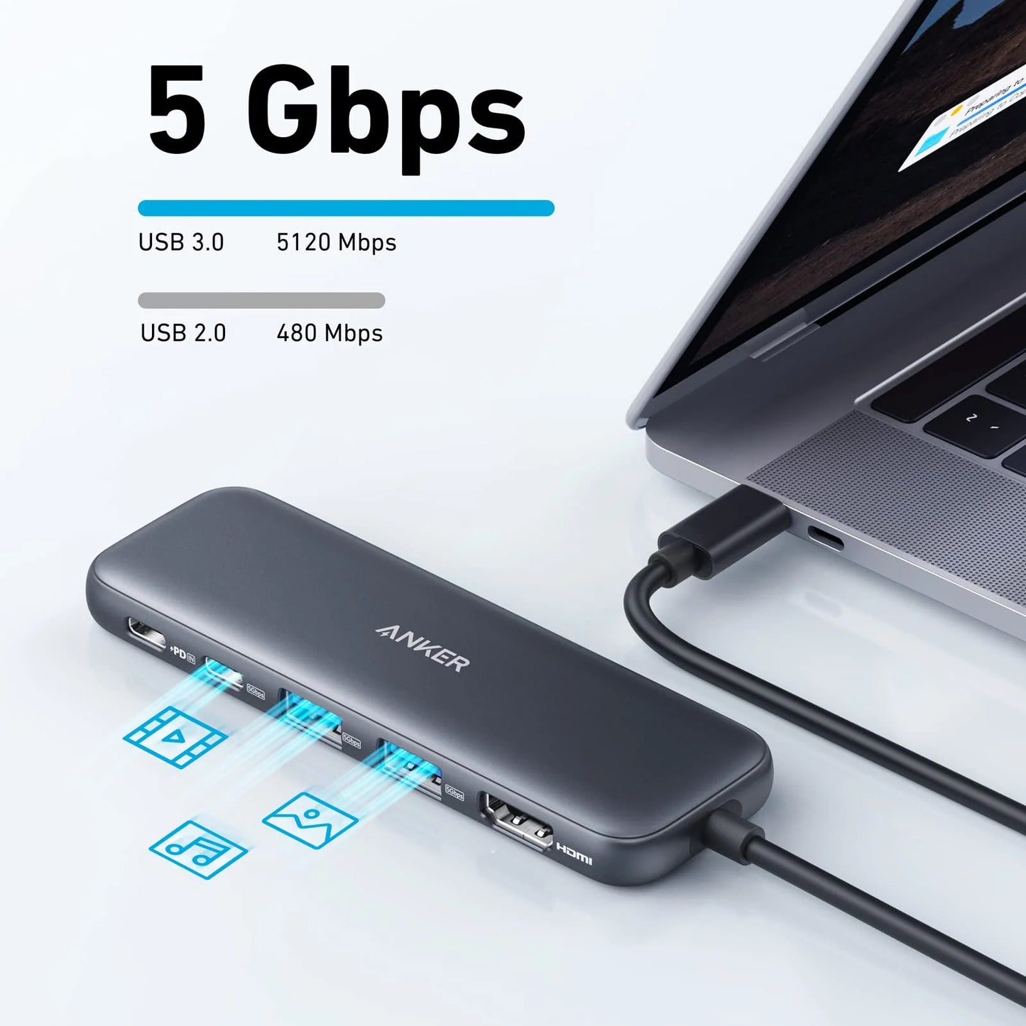 Hub USB-C Anker 332, 2 x USB-A - 2 x USB-C - 1 x HDMI, Sivi A8355H11