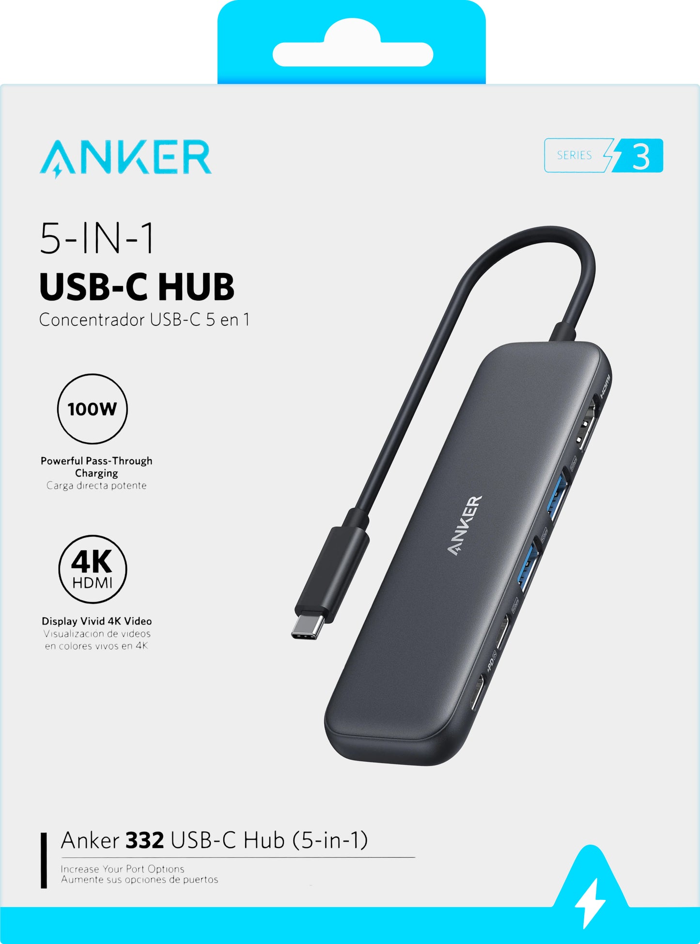 Hub USB-C Anker 332, 2 x USB-A - 2 x USB-C - 1 x HDMI, Sivi A8355H11