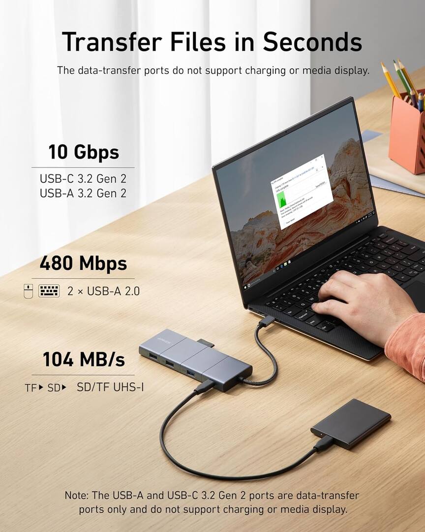 Hub USB-C Anker PowerExpand, 1 x USB-A 3.2 - 2 x USB-A - 2 x USB-C - 1 x Display Port - 1 x HDMI - 1 x Jack 3.5mm - 1 x RJ45 - 1 x SD - 1 x microSD, Siva