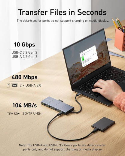 Hub USB-C Anker PowerExpand, 1 x USB-A 3.2 - 2 x USB-A - 2 x USB-C - 1 x Display Port - 1 x HDMI - 1 x Jack 3.5mm - 1 x RJ45 - 1 x SD - 1 x microSD, Siva