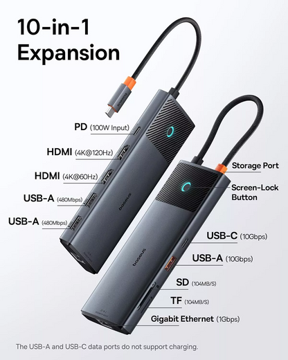 Hub USB-C Baseus Dual Display, 1 x USB-A 3.0 - 2 x USB-A - 2 x USB-C - 2 x HDMI - 1 x RJ45 - 1 x SD - 1 x microSD, Crni B00061800123-01