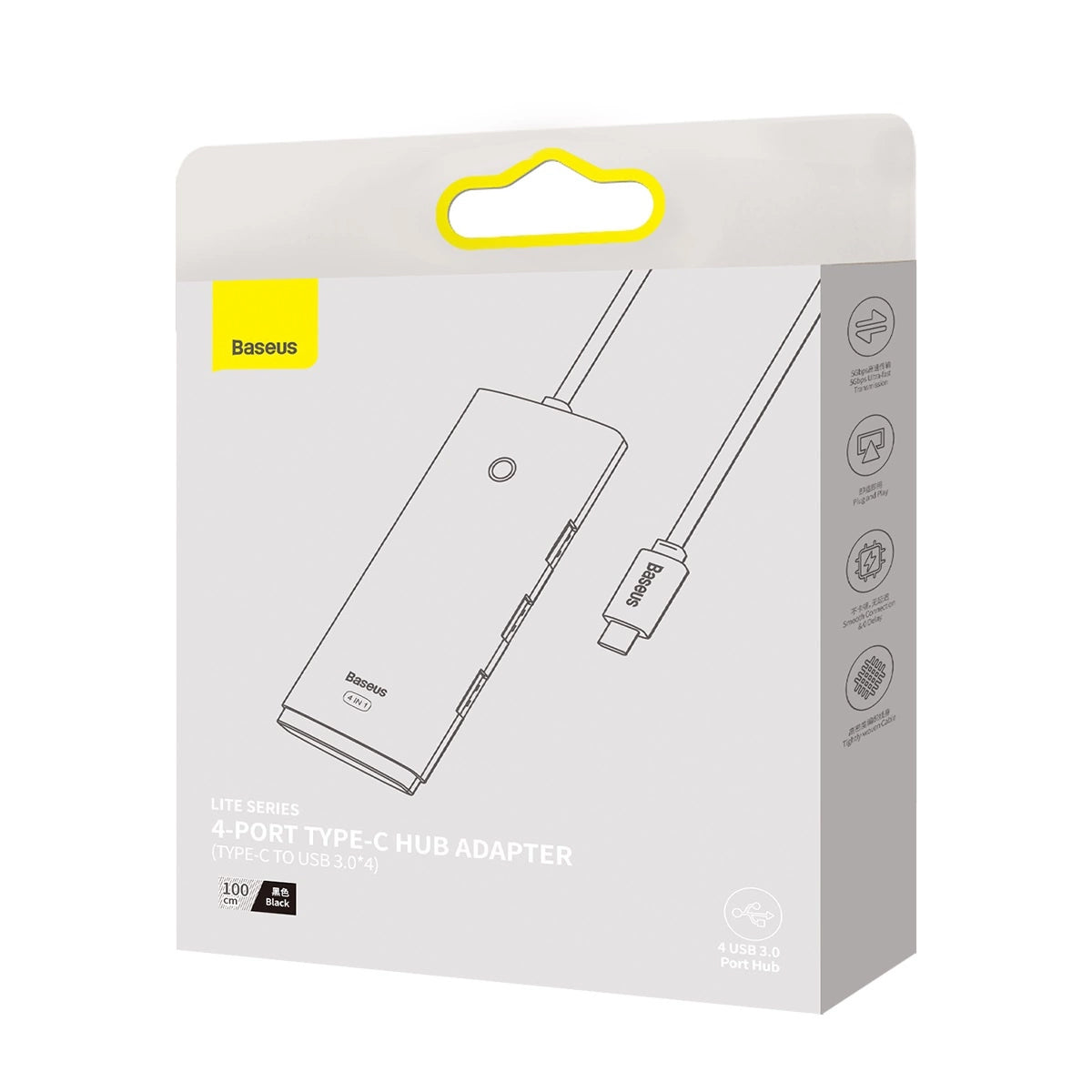 USB-C Hub Baseus Lite, 4 x USB-A 3.0 - 1 x USB-C, 1m, Crni WKQX030401