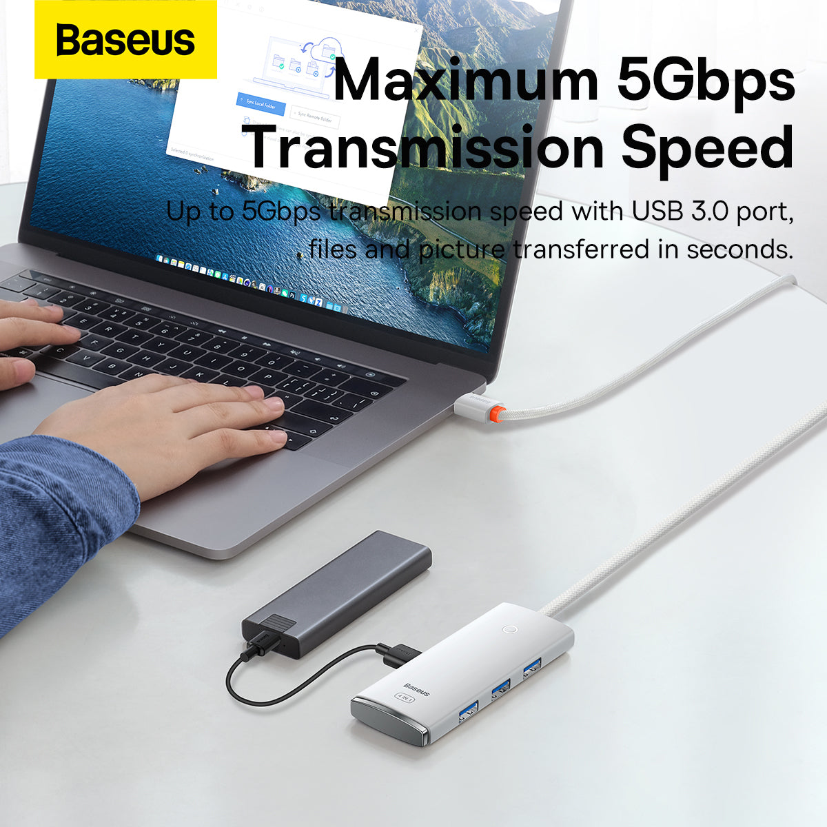 USB-C Hub Baseus Lite, 4 x USB-A 3.2, 2m, Beli