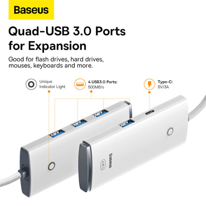 USB-C Hub Baseus Lite, 4 x USB-A 3.2, 2m, Beli