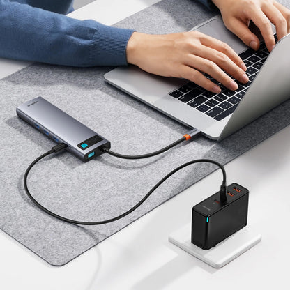 USB-C Hub Baseus Metal Gleam, 3 x USB-A 3.0 - 1 x USB-A - 1 x USB-C - 1 x HDMI - 1 x VGA - 1 x Jack 3.5mm - 1 x RJ45 - 1 x SD - 1 x microSD, Sivi