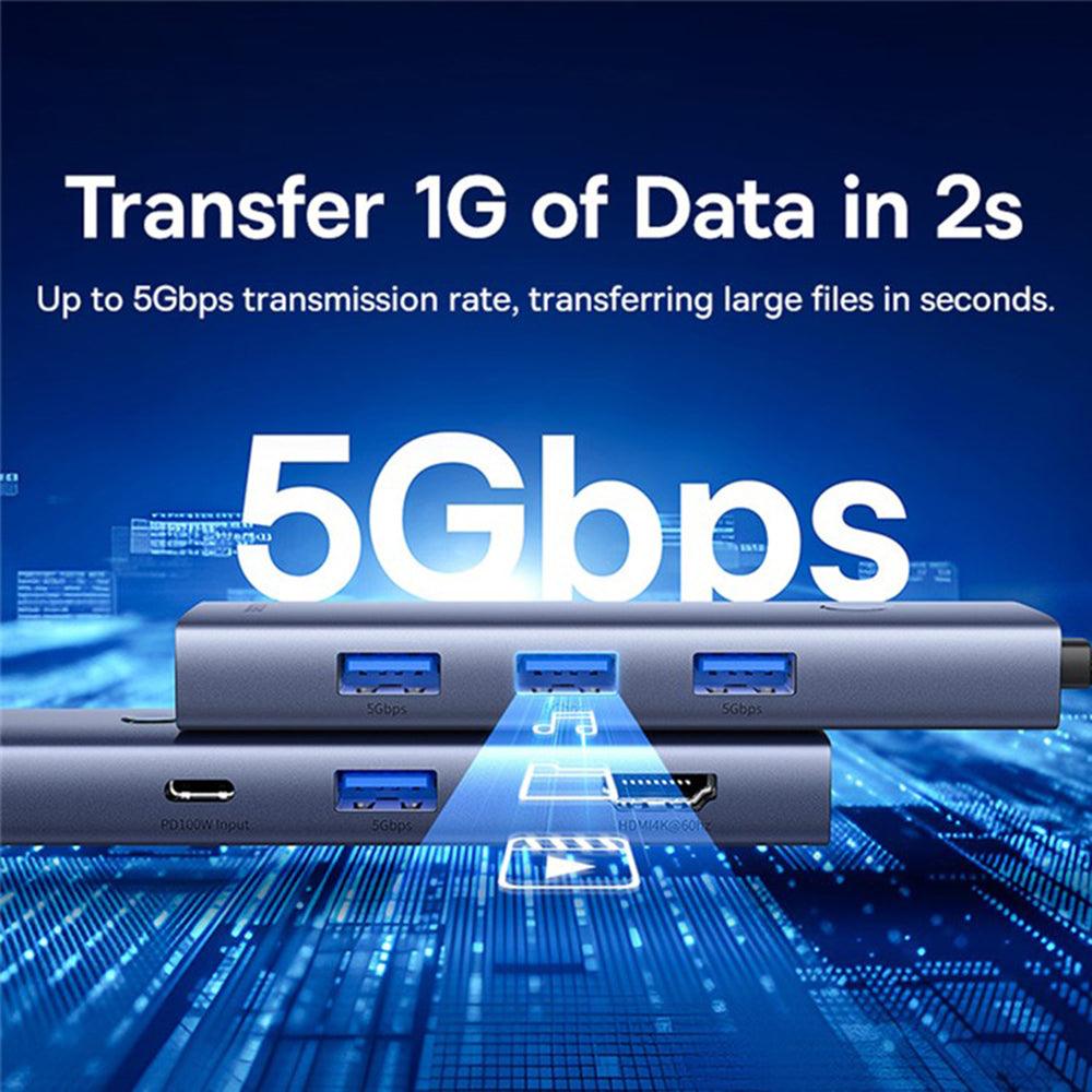 Hub USB-C Baseus UltraJoy, 4 x USB-A 3.0 - 1 x USB-C - 1 x HDMI - 1 x VGA, Sivi B00052803811-01