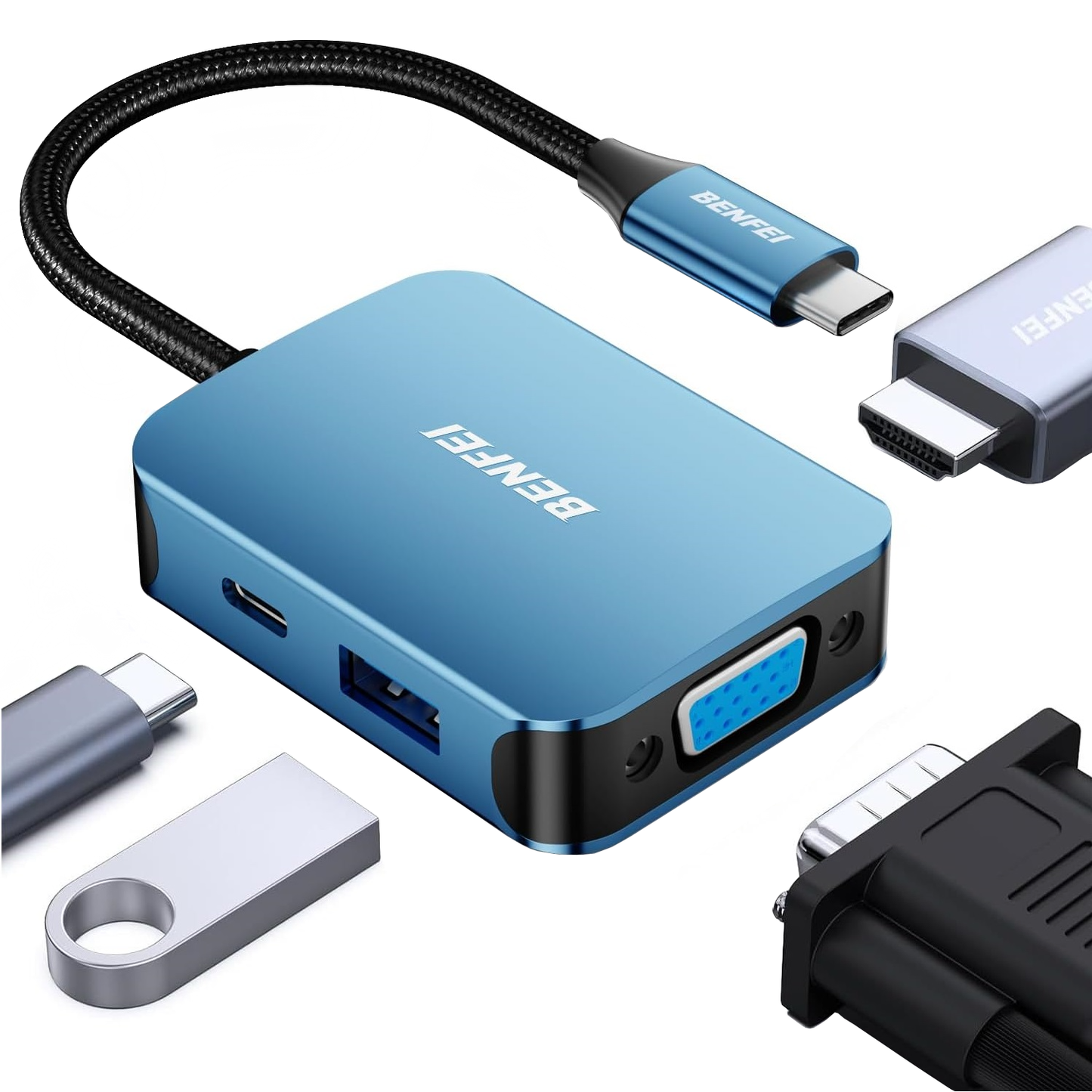 Hub USB-C Benfei, 1 x USB-A 3.0 - 1 x USB-C - 1 x HDMI - 1 x VGA, Plava