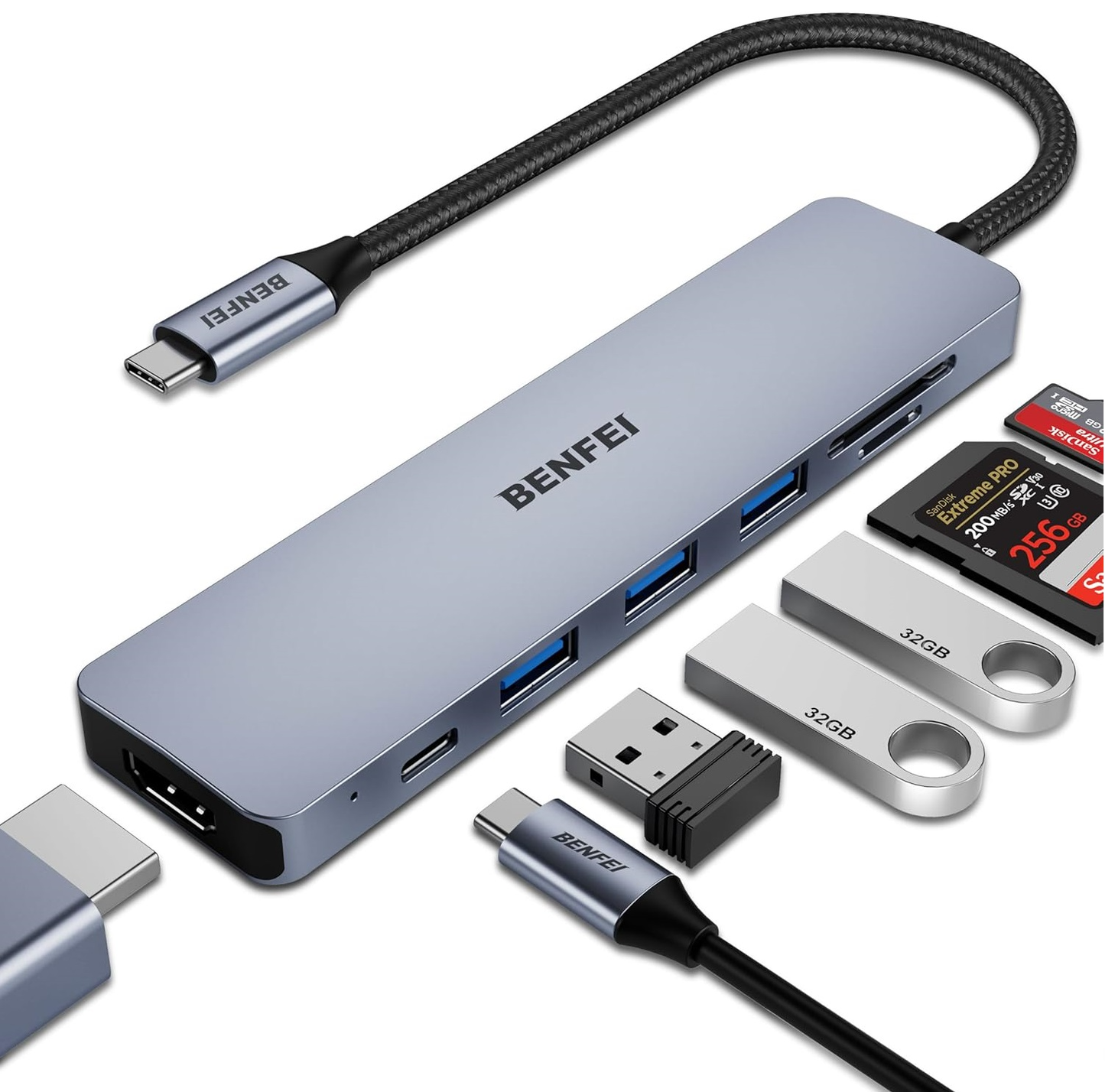 Hub USB-C Benfei, 3 x USB-A 3.0 - 1 x USB-C - 1 x HDMI - 1 x SD - 1 x microSD, Siva