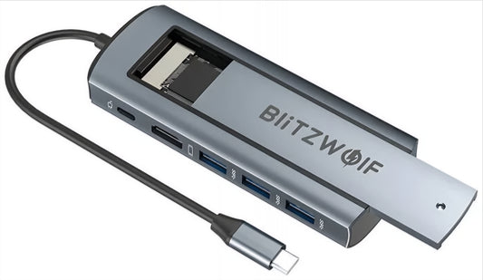 Hub USB-C BlitzWolf BW-Neo TH13, 3 x USB-A 3.0 - 1 x USB-C - 1 x Display Port - 1 x SSD Interfejs, Sivi