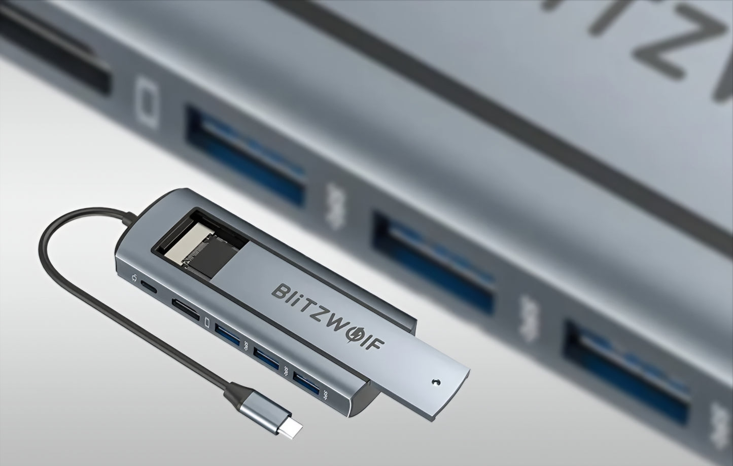 Hub USB-C BlitzWolf BW-Neo TH13, 3 x USB-A 3.0 - 1 x USB-C - 1 x Display Port - 1 x SSD Interfejs, Sivi