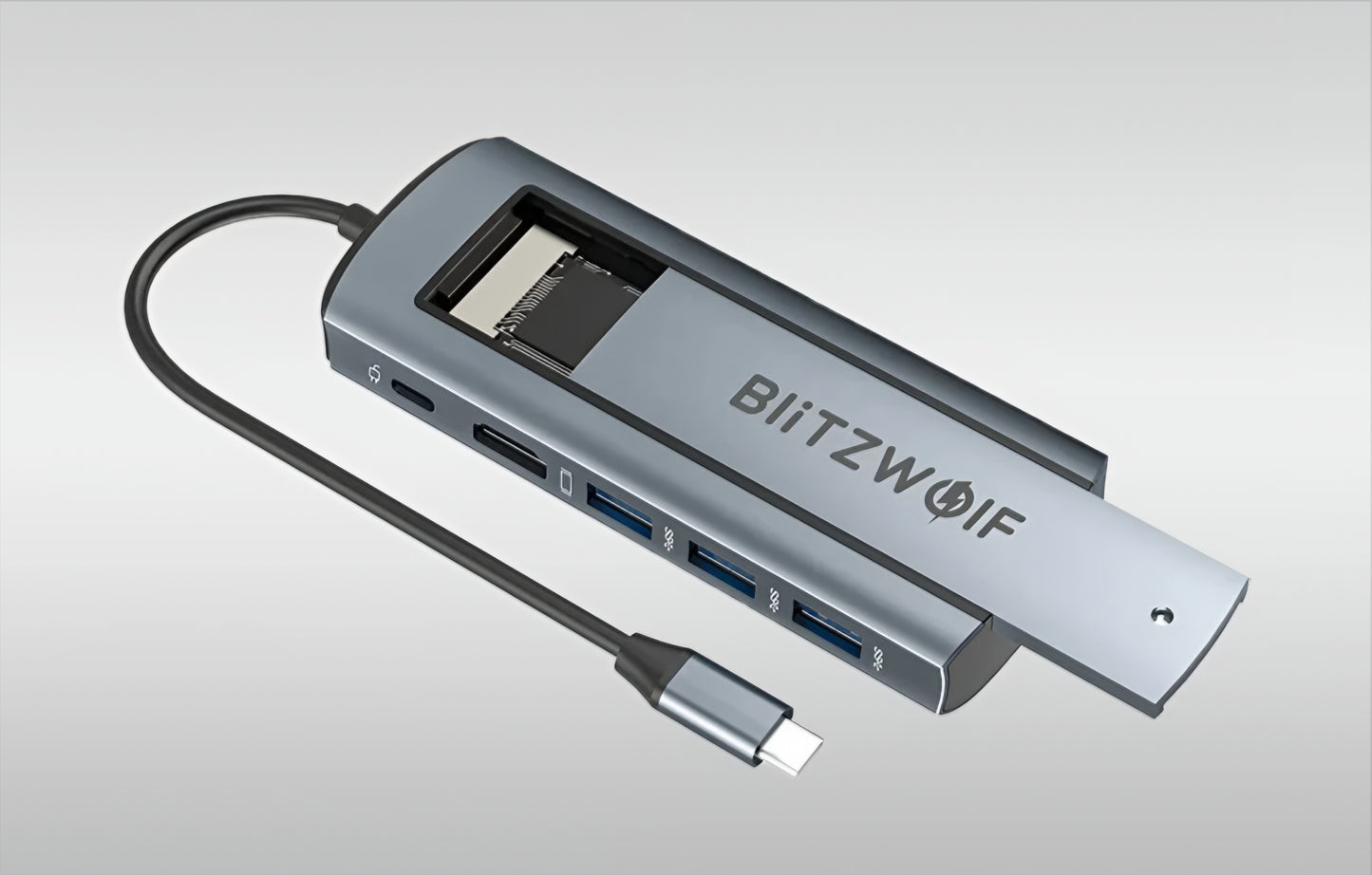 Hub USB-C BlitzWolf BW-Neo TH13, 3 x USB-A 3.0 - 1 x USB-C - 1 x Display Port - 1 x SSD Interfejs, Sivi