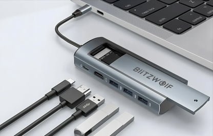 Hub USB-C BlitzWolf BW-Neo TH13, 3 x USB-A 3.0 - 1 x USB-C - 1 x Display Port - 1 x SSD Interfejs, Sivi