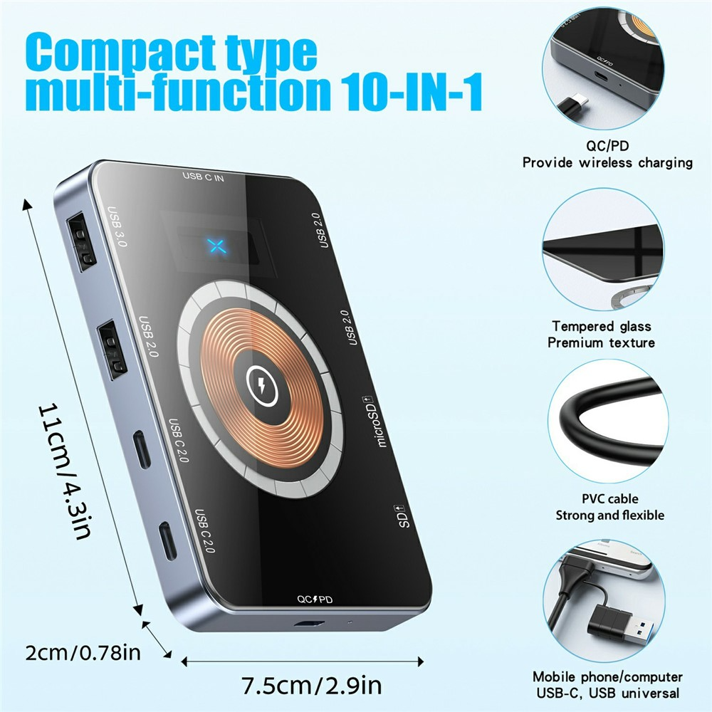 Hub USB-C sa bežičnim punjenjem QI OEM YC7209, 10in1, Siva