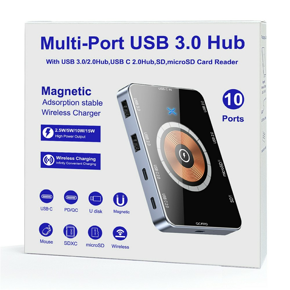 Hub USB-C sa bežičnim punjenjem QI OEM YC7209, 10in1, Siva