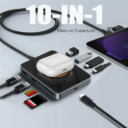 Hub USB-C sa bežičnim punjenjem QI OEM YC7209, 10in1, Siva