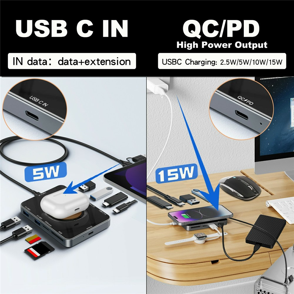 Hub USB-C sa bežičnim punjenjem QI OEM YC7209, 10in1, Siva