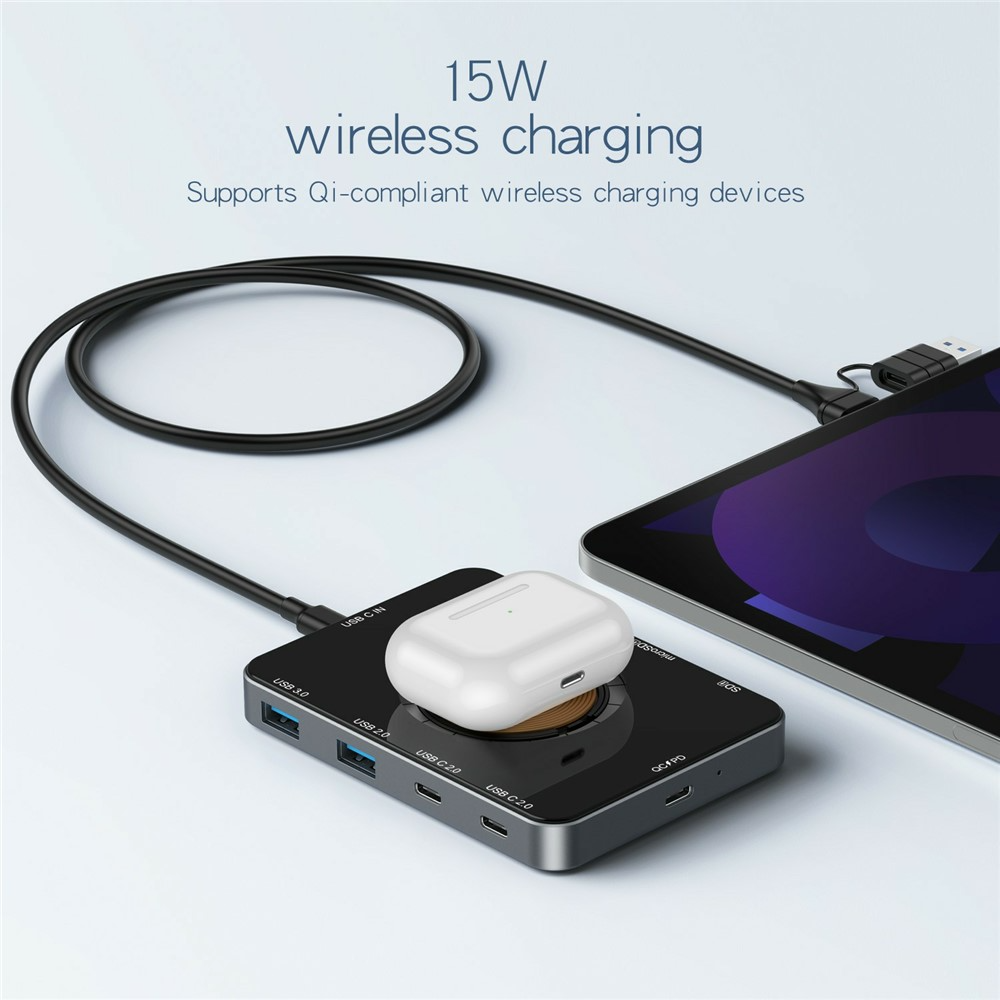 Hub USB-C sa bežičnim punjenjem QI OEM YC7209, 10in1, Siva