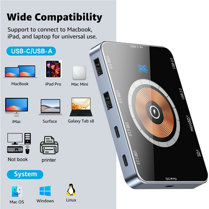 Hub USB-C sa bežičnim punjenjem QI OEM YC7209, 10in1, Siva