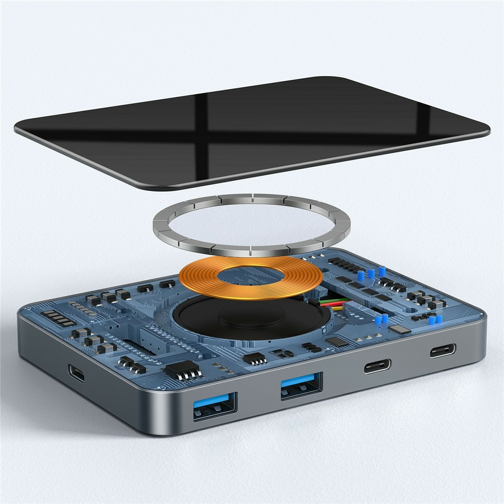 Hub USB-C sa bežičnim punjenjem QI OEM YC7209, 10in1, Siva
