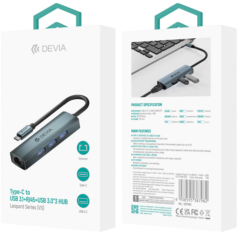 Hub USB-C DEVIA EC621, 3 x USB-A 3.0 - 1 x RJ45, Sivi