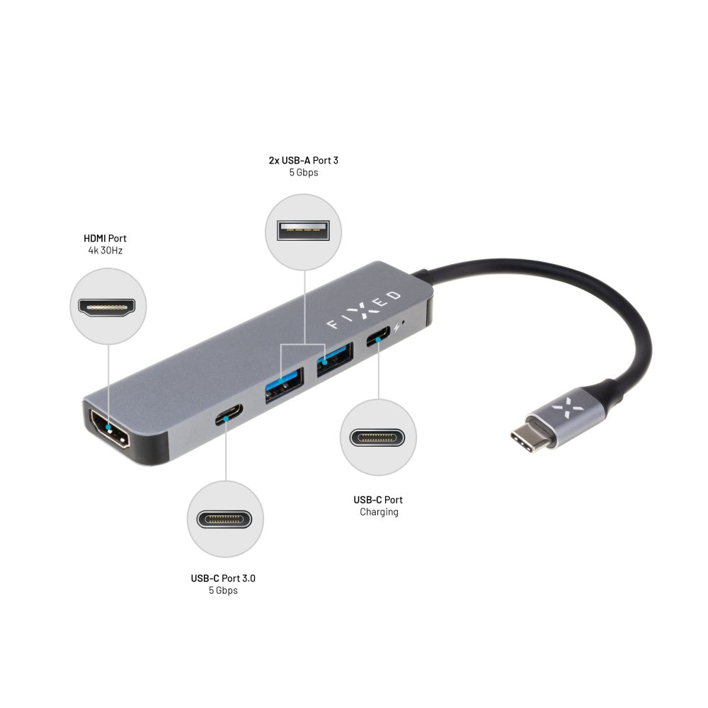 Hub USB-C Fixed, 4in1, Sivi