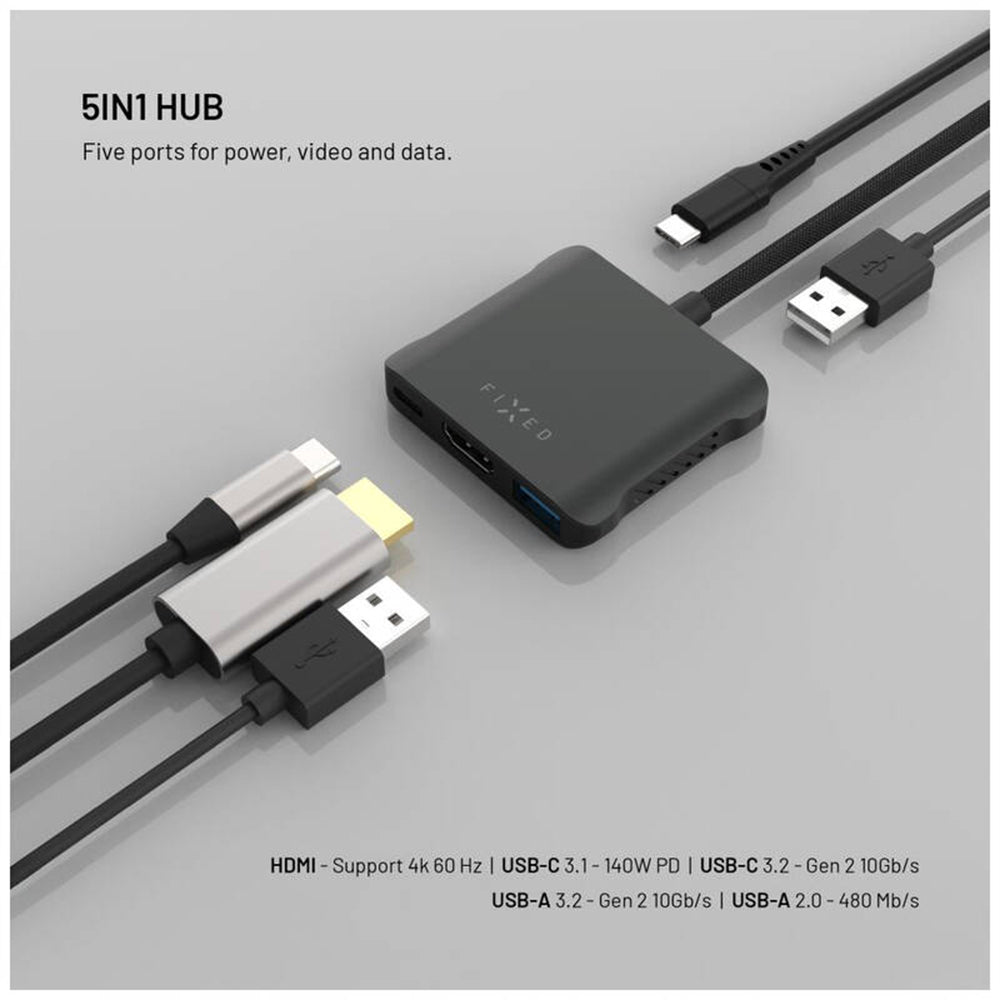 Hub USB-C Fixed Quadri, 5in1, Crni